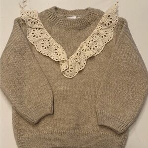 Zara Beige Knit Sweater with Cream Lace V-Collar